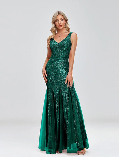 Evening Gown Sparkle Dress Wedding Guest Formal Evening Floor Length Sleeveless V Neck Tulle V Back with Sequin Splicin