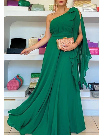 A-Line Prom Gown Party Dress Elegant Dress Formal Wedding Guest Sweep / Brush Train Sleeveless One Shoulder Capes Chiffon
