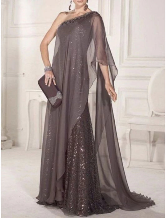 Sheath Mother of the Bride Dress Cape Dress Wedding Guest Elegant Party Sparkle & Shine One Shoulder Sweep / Brush Train Chiffon Lace Sleeveless