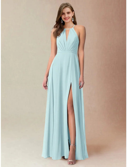 A-Line Bridesmaid Dress Halter Neck Sleeveless Elegant Floor Length Chiffon with Bow(s) / Split Front / Ruching