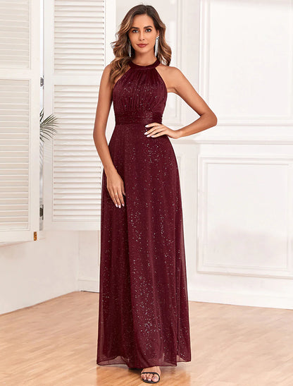 A-Line Evening Gown Empire Dress Evening Party Floor Length Sleeveless Halter Neck Polyester Backless V Back with Glitter