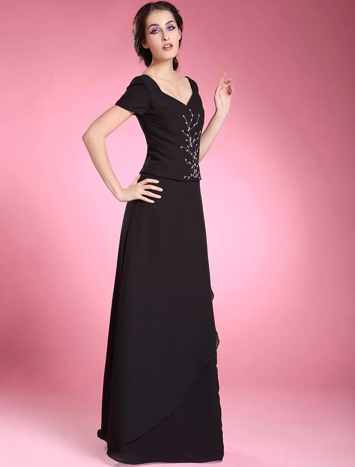 Evening Floor Length Short Sleeve V Neck Chiffon with Beading Ruffles