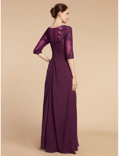 Sheath / Column Mother of the Bride Dress Wedding Guest Elegant Scoop Neck Floor Length Chiffon Lace Half Sleeve