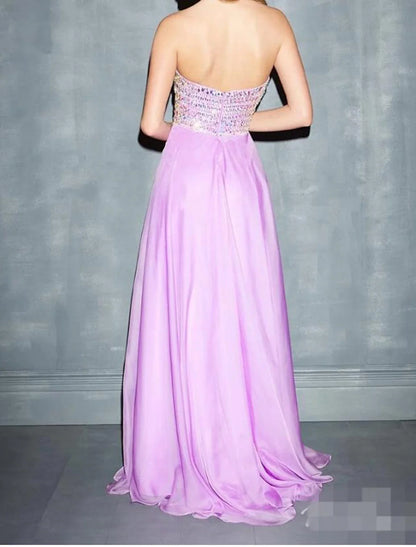 A-Line Evening Gown Glittering Dress Wedding Guest Sweep / Brush Train Sleeveless Sweetheart Chiffon