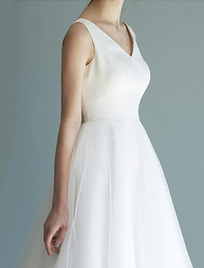 Reception Little White Dresses Wedding Dresses A-Line V Neck Sleeveless Tea Length Satin Bridal Gowns With Solid Color