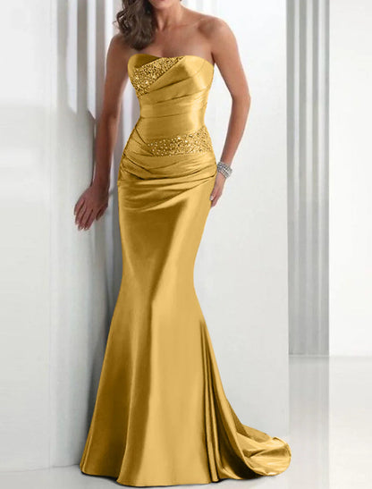 Evening Dress Strapless Sleeveless Sweep / Brush Train Satin with Crystals