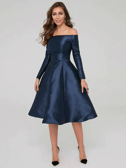 A-Line Special Occasion Dresses Party Dress Wedding Guest Knee Length Long Sleeve Off Shoulder Satin with Pleat