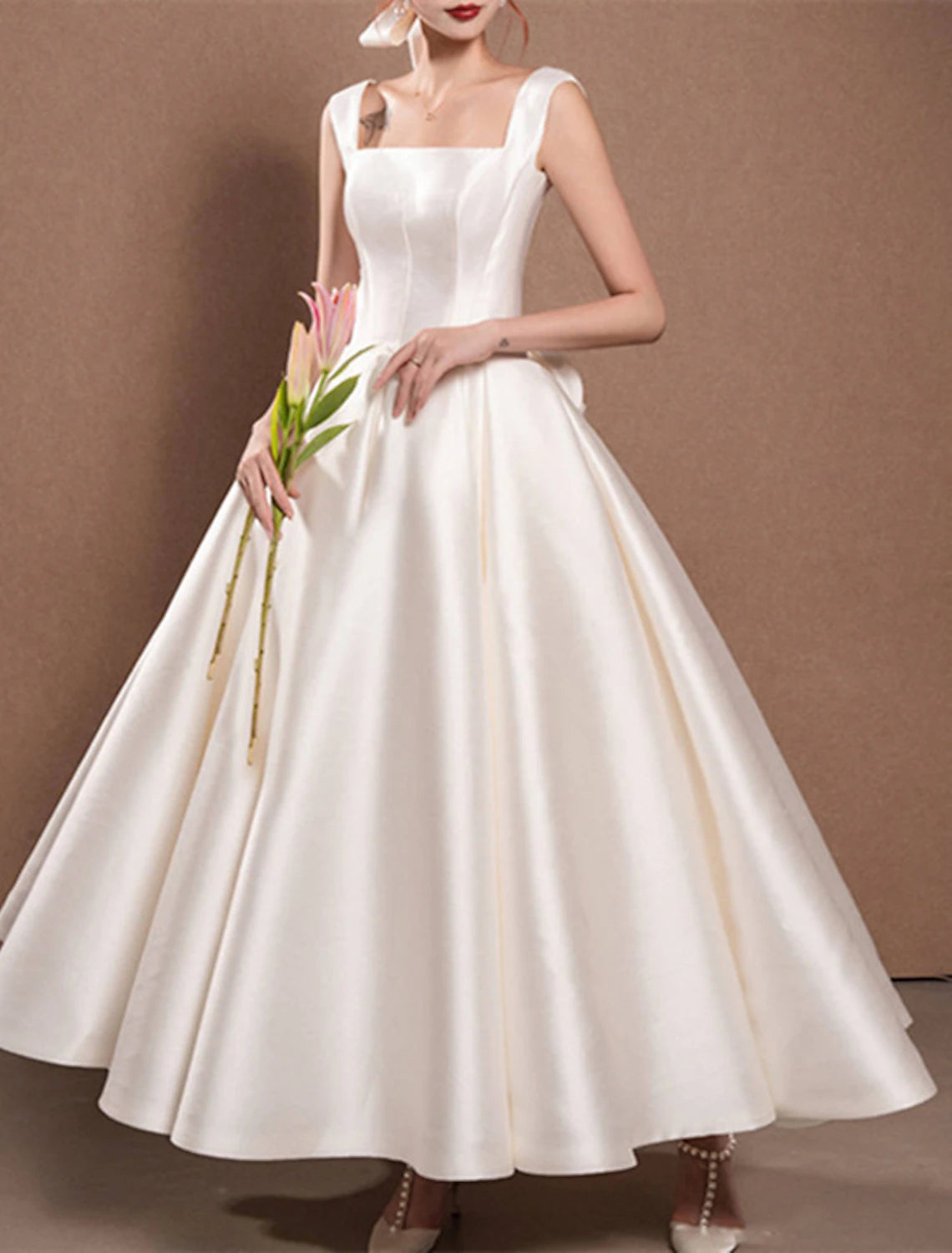 Reception Simple Wedding Dresses Wedding Dresses A-Line Off Shoulder Cap Sleeve Tea Length Satin Bridal Gowns