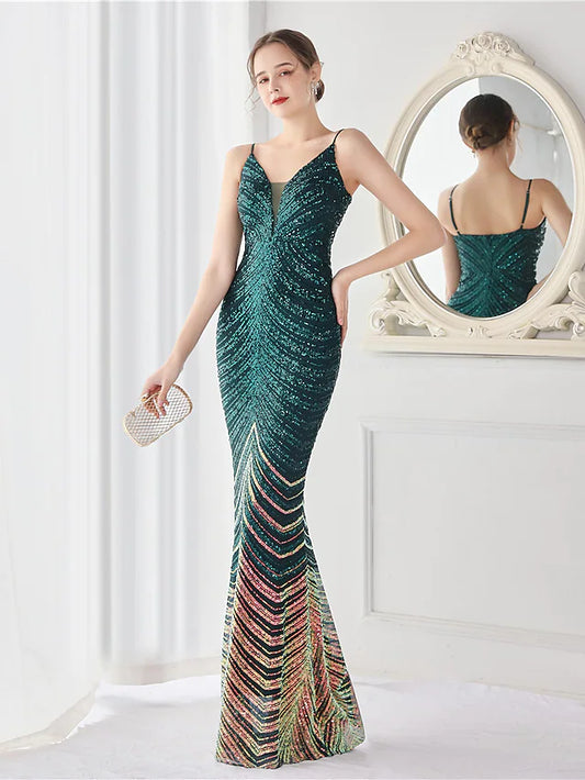 Evening Gown Elegant Dress Wedding Guest Floor Length Sleeveless Spaghetti Strap Sequined V Back with Sequin