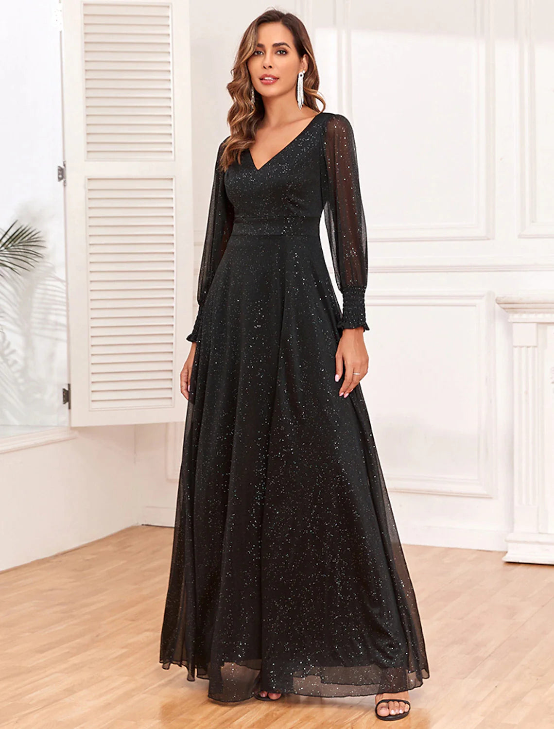 Evening Gown Empire Black Dress Party Gothic Tulle Dress Floor Length Long Sleeve V Neck V Back with Glitter Slit