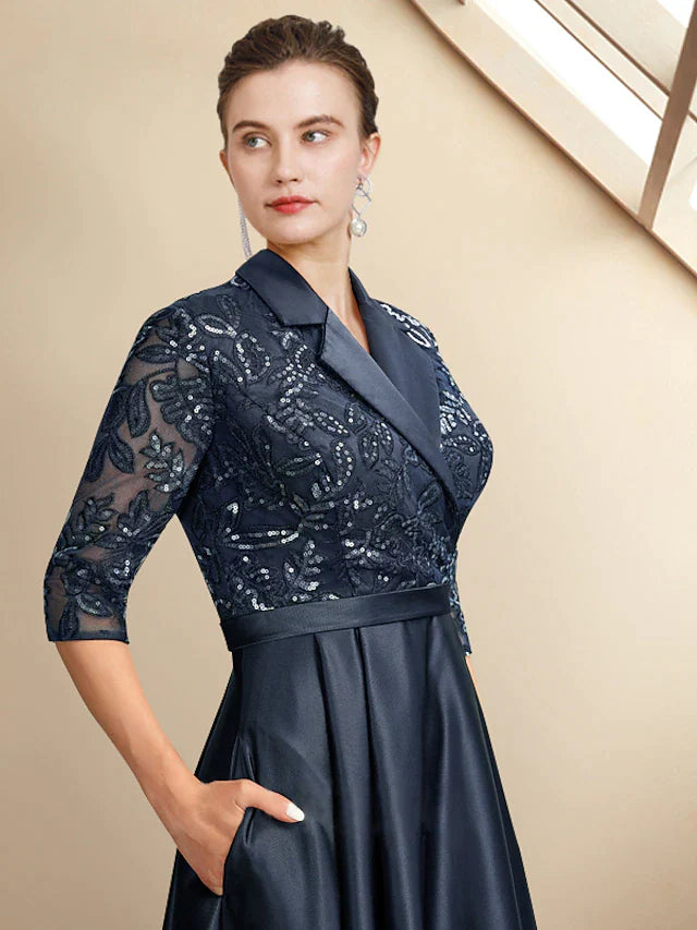 A-Line Mother of the Bride Dress Plus Size Elegant High Low Shirt Collar Asymmetrical Tea Length Satin Lace Half Sleeve with Pleats Sequin Appliques