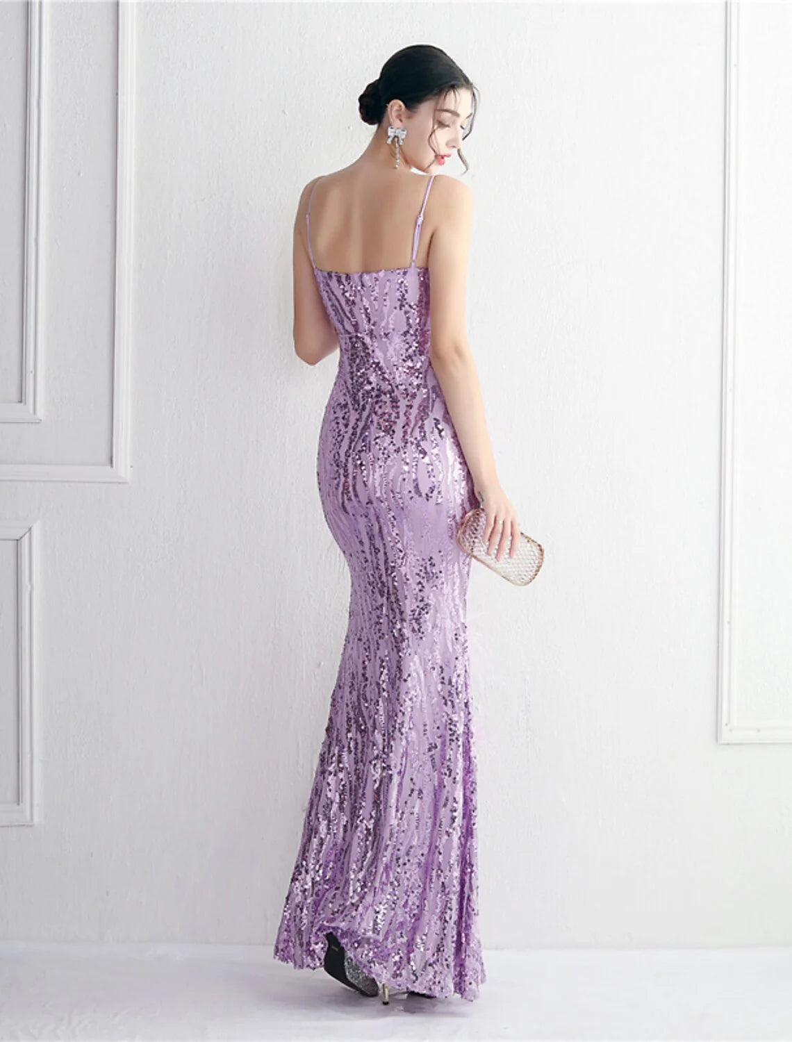 Evening Gown Sparkle & Shine Dress Formal Floor Length Sleeveless Spaghetti Strap Sequined with Beading Sequin Slit