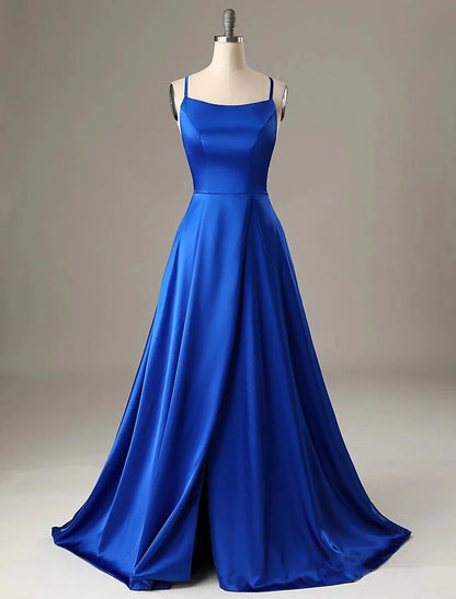 Evening Gown Sexy Dress Formal Wedding Guest Sweep / Brush Train Sleeveless Spaghetti Strap Charmeuse with Slit