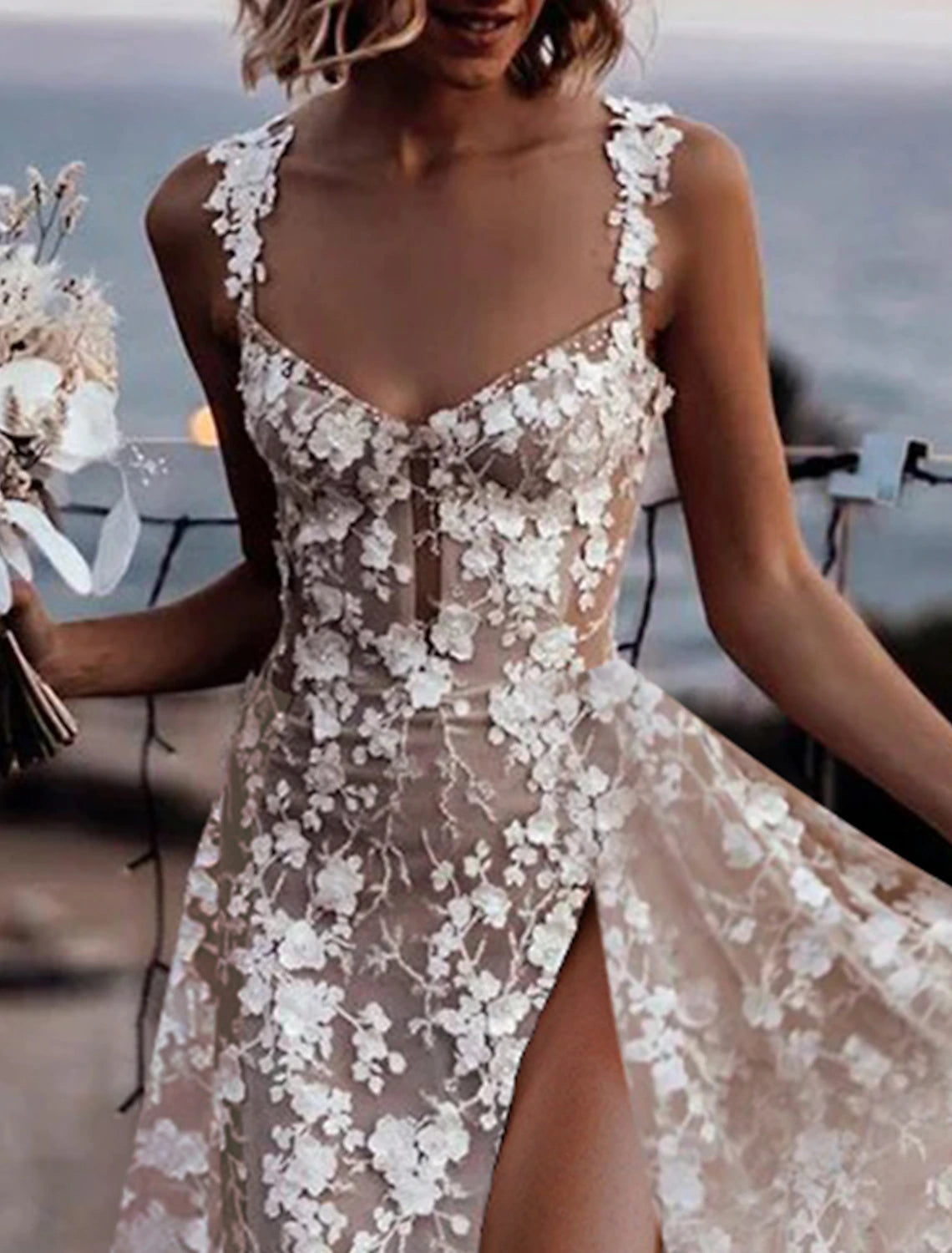 Beach Boho Wedding Dresses A-Line Sweetheart Regular Straps Court Train Lace Bridal Gowns