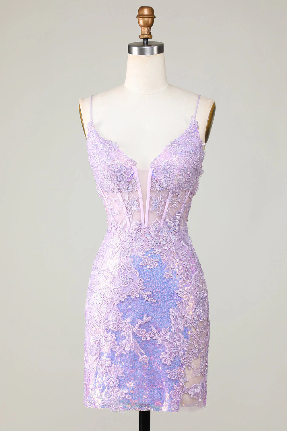 Purple Glitter Tight Spaghetti Straps Corset Homecoming Dress With Criss Cross Back