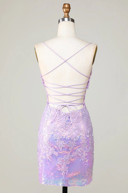 Purple Glitter Tight Spaghetti Straps Corset Homecoming Dress With Criss Cross Back