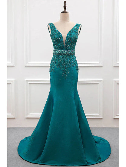 Evening Gown Sexy Dress Formal Court Train Sleeveless V Neck Taffeta with Pearls Embroidery