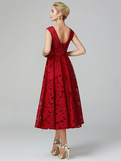 Cocktail Party Tea Length Sleeveless Illusion Neck All Over Floral Lace with Pleats