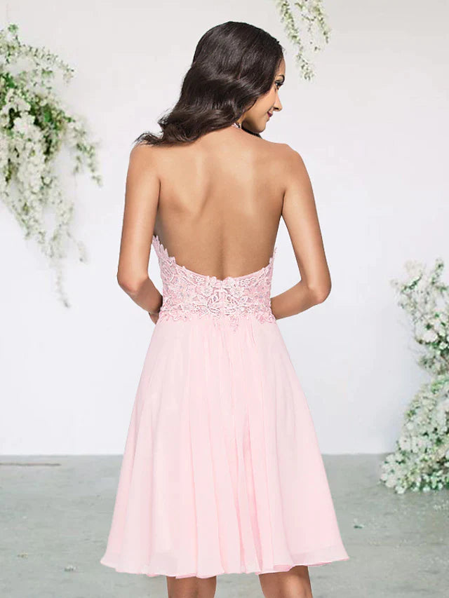 A-Line Bridesmaid Dress Halter Neck Sleeveless Sexy Short / Mini Chiffon / Lace