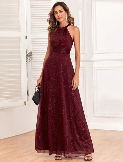 A-Line Evening Gown Empire Dress Evening Party Floor Length Sleeveless Halter Neck Polyester Backless V Back with Glitter