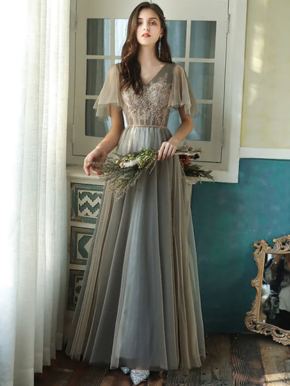 A-Line Bridesmaid Dress V Neck Short Sleeve Elegant Floor Length Tulle with Beading Sequin