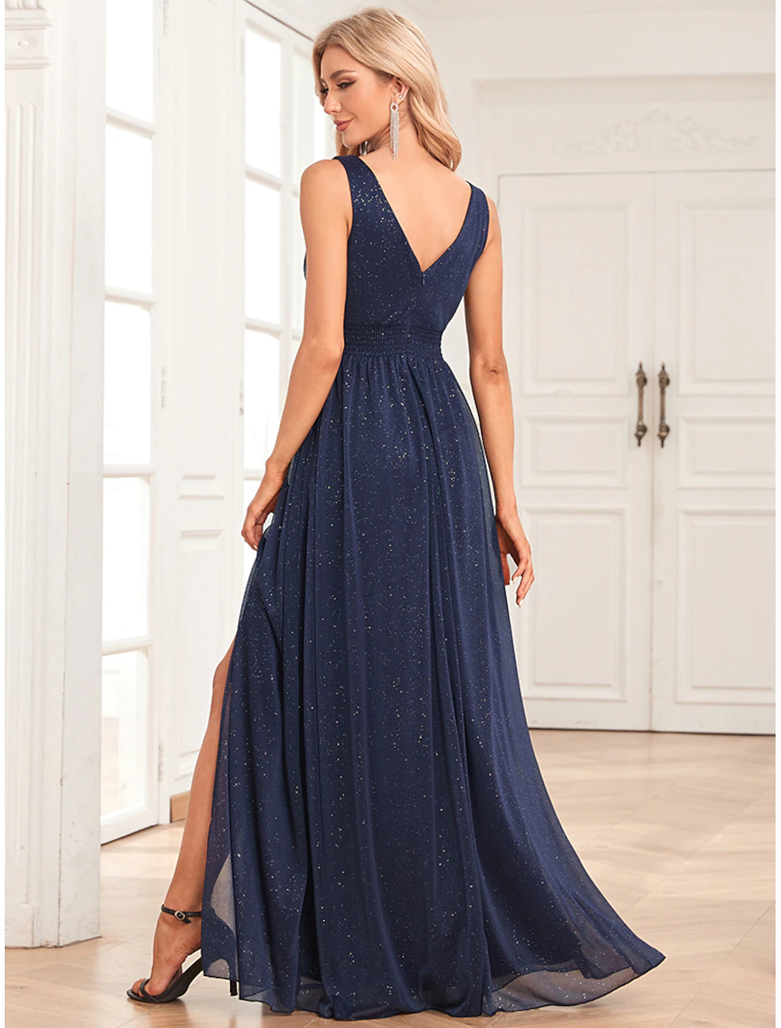 A-Line Evening Gown Elegant Dress Wedding Guest Party Wear Floor Length Sleeveless V Neck Spandex V Back