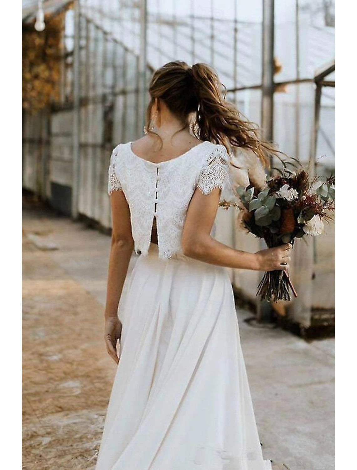 Little White Dresses Wedding Dresses Two Piece Boat Neck Cap Sleeve Asymmetrical Lace Bridal Suits Bridal Gowns