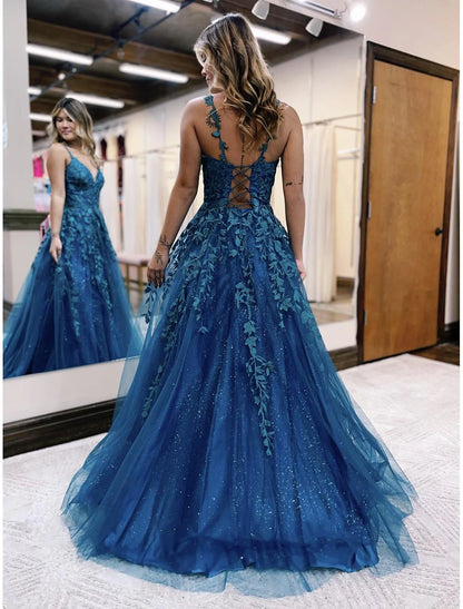 Ball Gown A-Line Evening Dresses Sparkle & Shine Dress Formal Wedding Party Dress Floor Length Sleeveless V Neck Tulle Backless