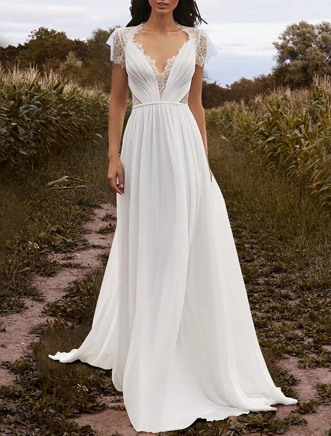 Beach Open Back Wedding Dresses A-Line V Neck Cap Sleeve Court Train Chiffon Bridal Gowns