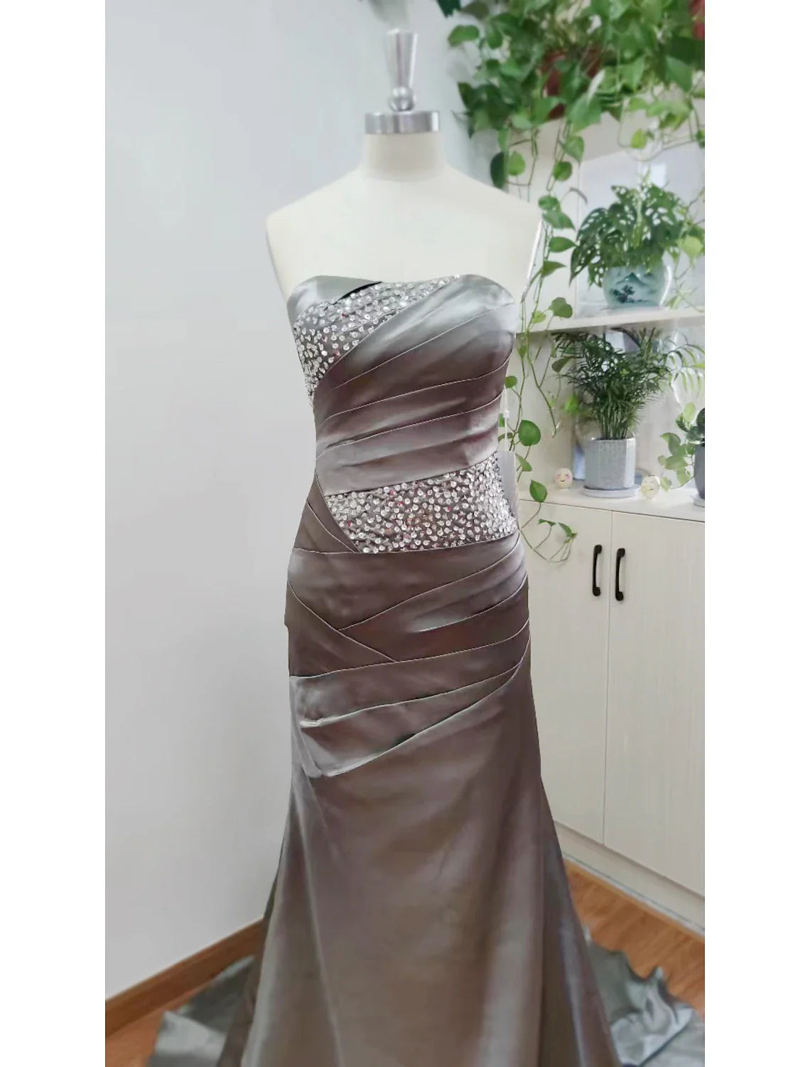 Evening Dress Strapless Sleeveless Sweep / Brush Train Satin with Crystals