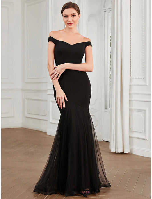 Evening Gown Elegant Dress Party Wear Floor Length Sleeveless Off Shoulder Polyester with Pleats