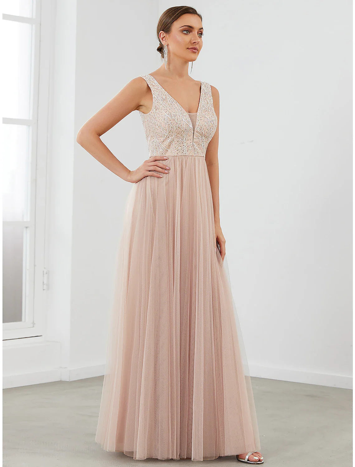 Evening Gown Elegant Dress Wedding Guest Floor Length Sleeveless V Neck Tulle V Back with Sequin Draping