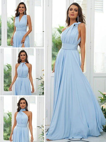 A-Line Princess Jersey Ruffles Halter Sleeveless Floor-Length Bridesmaid Dresses